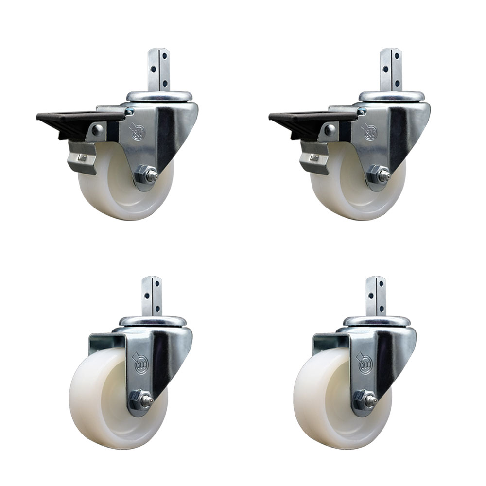 Swivel Square Stem Caster Set 4 w/3” x 1.25” White Nylon Wheel - 7/8” x 2” Square Stem with (3) 17/64” Diameter Mounting Holes- Includes 2 Posi Lock Brakes- 1200lbs. Cpty/Caster - Service Caster Brand — photo 1