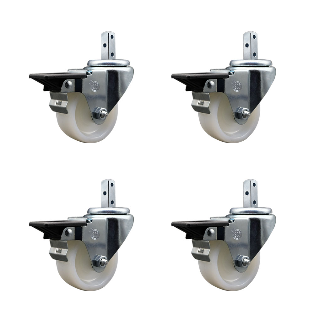 Swivel Square Stem Caster Set 4 w/3” x 1.25” White Nylon Wheel - 7/8” x 2” Square Stem with (3) 17/64” Diameter Mounting Holes- Includes 4 Posi Lock Brakes- 1200lbs. Cpty/Caster - Service Caster Brand — photo 1