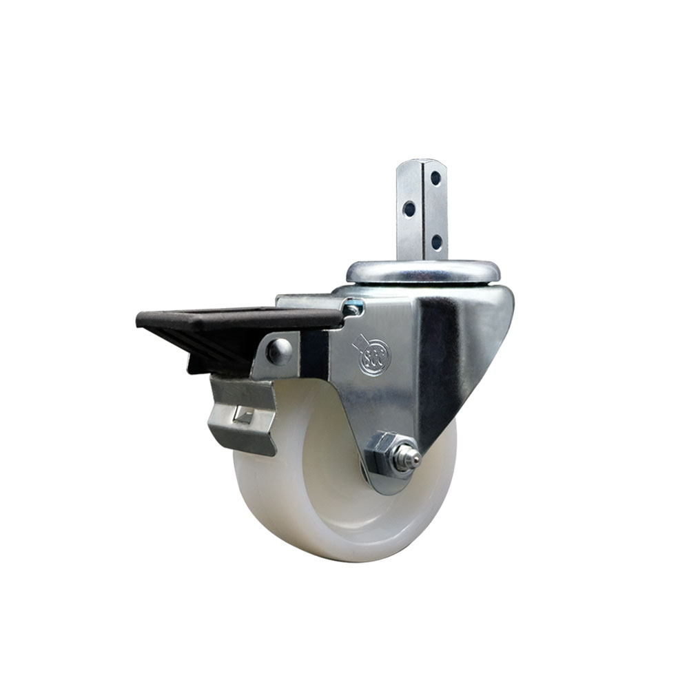Swivel Square Stem Caster w/3” x 1.25” White Nylon Wheel – 7/8” x 2” Square Stem with (3) 17/64” Diameter Mounting Holes & Posi Lock Brakes – 300 lbs. Capacity/Caster – Service Caster Brand — photo 1