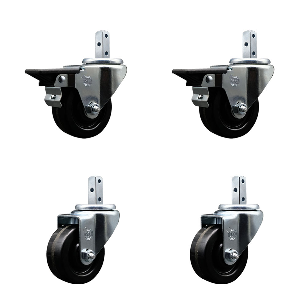 Swivel Square Stem Caster Set 4 w/3” x 1.25” Black Phenolic Wheel - 7/8” x 2” Square Stem with (3) 17/64” Diameter Mounting Holes-Includes 2 Posi Lock Brakes-1200lbs. Cpty/Caster- Service Caster Brand — photo 1