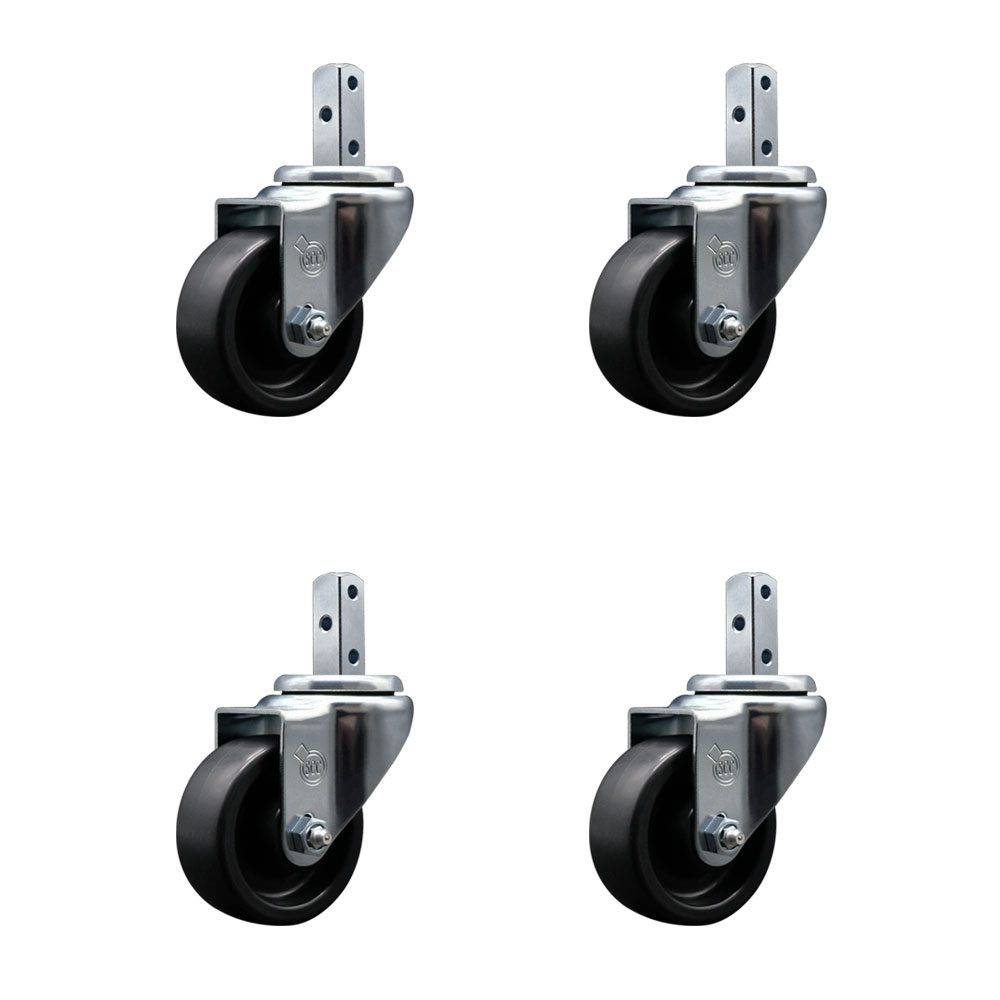 Polyolefin Swivel Square Stem Caster Wheels Set 4 with 3 Inch Black Wheels - 3/4” x 2” Square Stem with (3) 17/64” Diameter Mounting Holes -Includes 4 Swivel-1200 lbs. Cpty/Caster-Service Caster Brand — photo 1