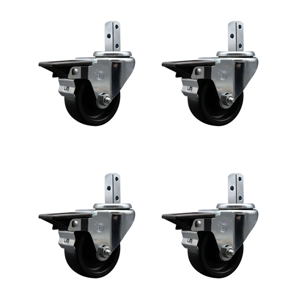 Polyolefin Swivel Square Stem Caster Wheels Set 4 with 3 Inch Wheels-3/4” x 2” Square Stem with (3) 17/64” Diameter Mounting Holes-Includes 4 Posi Lock Brakes-1200lbs. Cpty/Caster-Service Caster Brand — photo 1