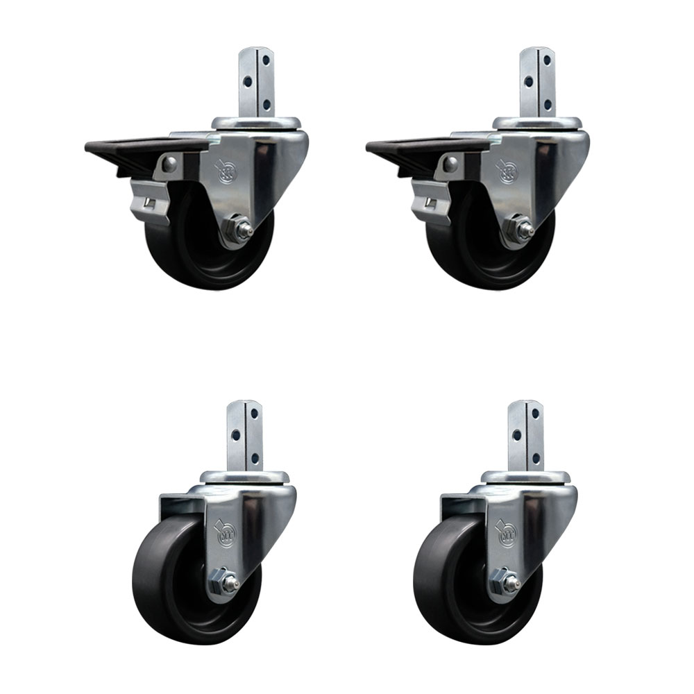 Polyolefin Swivel Square Stem Caster Wheels Set 4 with 3 Inch Wheels-7/8” x 2” Square Stem with (3) 17/64” Diameter Mounting Holes-Includes 2 Posi Lock Brakes-1200lbs. Cpty/Caster-Service Caster Brand — photo 1