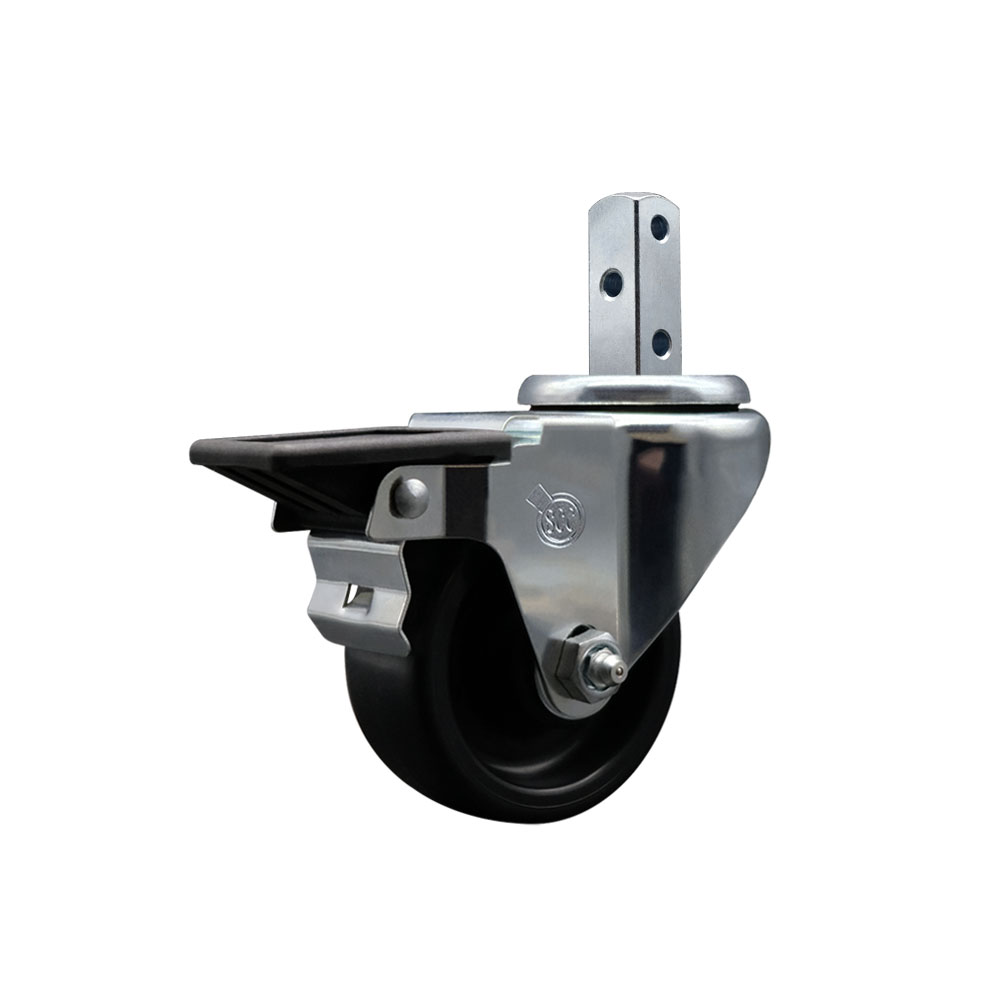 Polyolefin Swivel Square Stem Caster Wheel with 3 Inch Black Wheel – 7/8” x 2” Square Stem with (3) 17/64” Diameter Mounting Holes and Posi Lock Brake – 300 lbs. Capacity/Caster – Service Caster Brand — photo 1