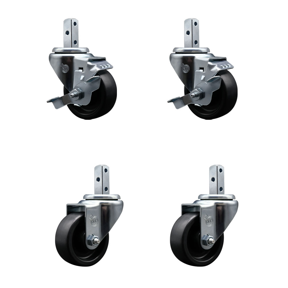 Polyolefin Swivel Square Stem Caster Wheels Set 4 with 3 Inch Wheels-3/4” x 2” Square Stem with (3) 17/64” Diameter Mounting Holes-Includes 2 Top Lock Brakes-1200lbs. Cpty/Caster- Service Caster Brand — photo 1