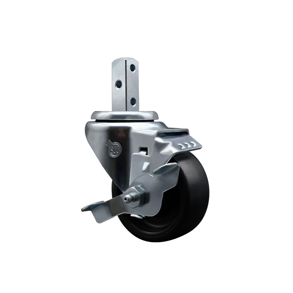 Polyolefin Swivel Square Stem Caster Wheel with 3 Inch Black Wheel – 3/4” x 2” Square Stem with (3) 17/64” Diameter Mounting Holes and Top Lock Brake – 300 lbs. Capacity/Caster – Service Caster Brand — photo 1