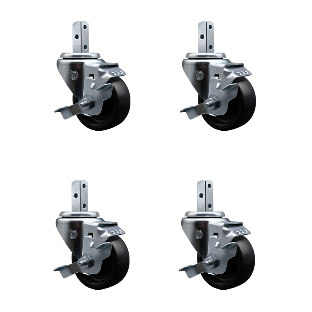 Polyolefin Swivel Square Stem Caster Wheels Set 4 with 3 Inch Wheels-7/8” x 2” Square Stem with (3) 17/64” Diameter Mounting Holes-Includes 4 Top Lock Brakes- 1200lbs. Cpty/Caster-Service Caster Brand — photo 1