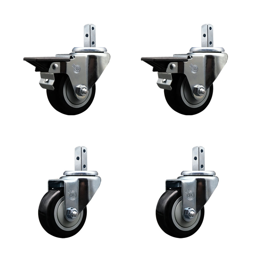 Swivel Square Stem Caster Set 4 w/3” x 1.25” Black Poly Wheel - 3/4” x 2” Square Stem with (3) 17/64” Diameter Mounting Holes- Includes 2 Posi Lock Brakes - 1200lbs. Cpty/Caster - Service Caster Brand — photo 1