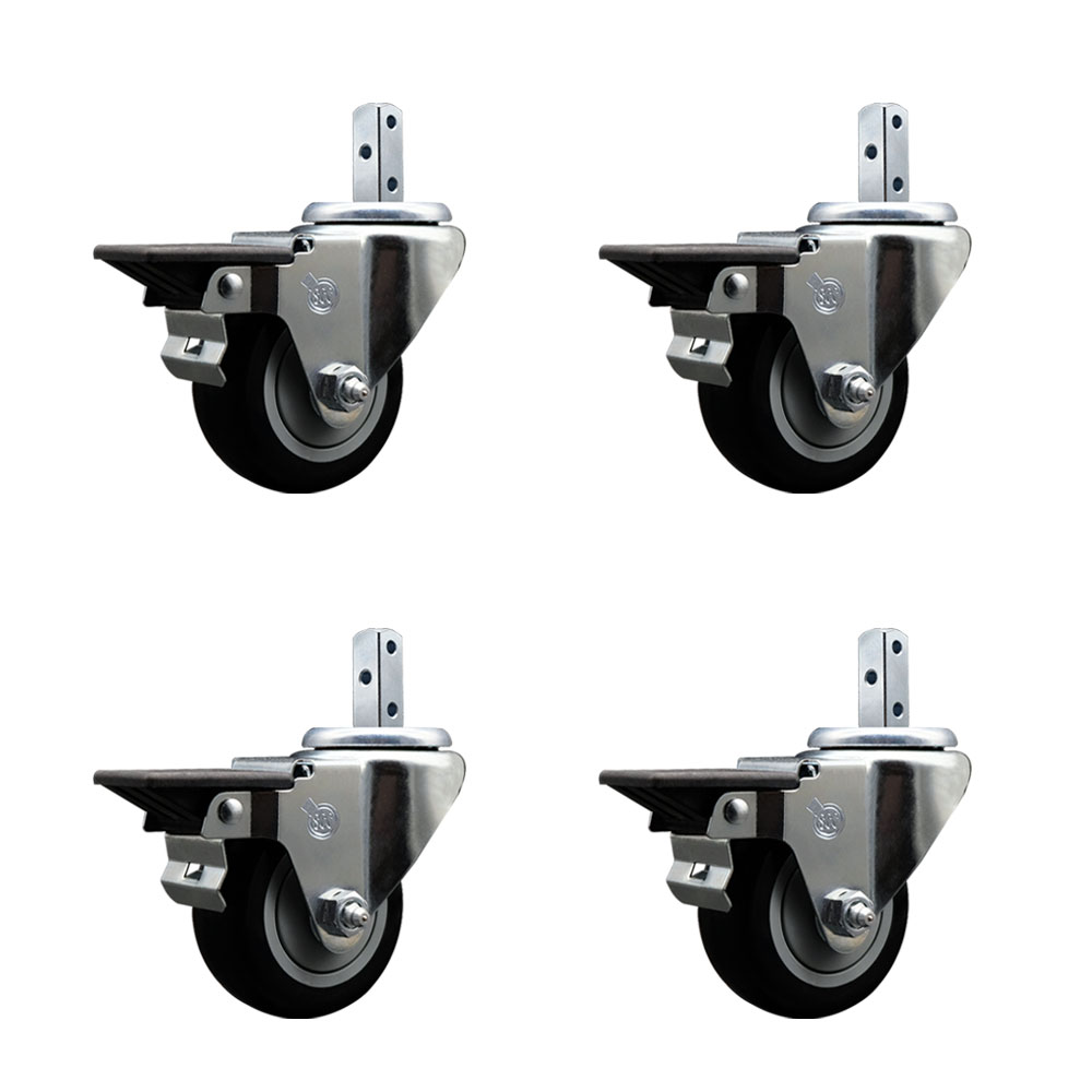 Swivel Square Stem Caster Set 4 w/3” x 1.25” Black Poly Wheel - 3/4” x 2” Square Stem with (3) 17/64” Diameter Mounting Holes - Includes 4 Posi Lock Brakes- 1200lbs. Cpty/Caster - Service Caster Brand — photo 1