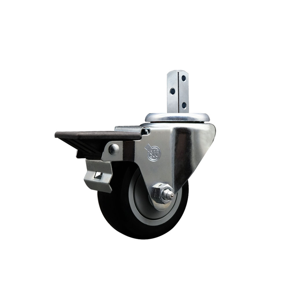 Swivel Square Stem Caster w/3” x 1.25” Black Polyurethane Wheel – 3/4” x 2” Square Stem with (3) 17/64” Diameter Mounting Holes & Posi Lock Brakes – 300 lbs. Capacity/Caster – Service Caster Brand — photo 1