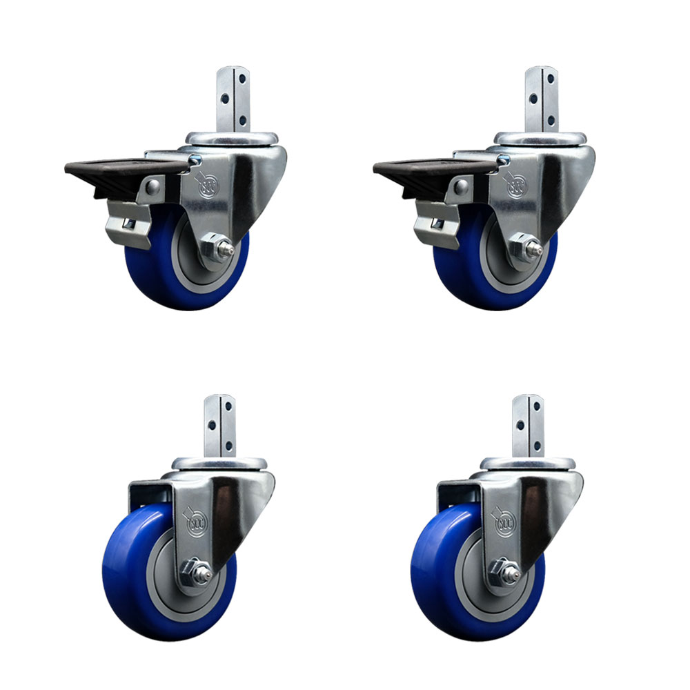 Swivel Square Stem Caster Set 4 w/3” x 1.25” Blue Poly Wheel - 3/4” x 2” Square Stem with (3) 17/64” Diameter Mounting Holes - Includes 2 Posi Lock Brakes - 1200lbs. Cpty/Caster - Service Caster Brand — photo 1