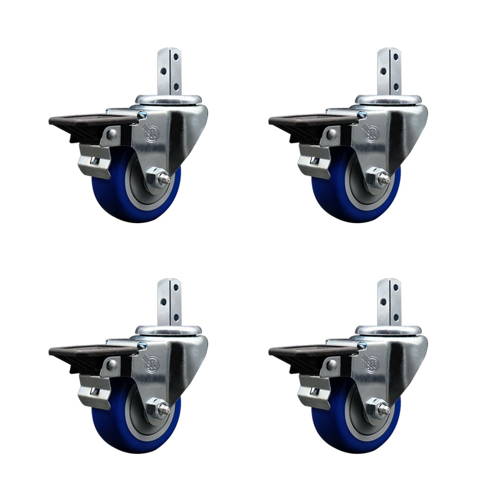 Swivel Square Stem Caster Set 4 w/3” x 1.25” Blue Poly Wheel - 3/4” x 2” Square Stem with (3) 17/64” Diameter Mounting Holes - Includes 4 Posi Lock Brakes - 1200lbs. Cpty/Caster - Service Caster Brand — photo 1