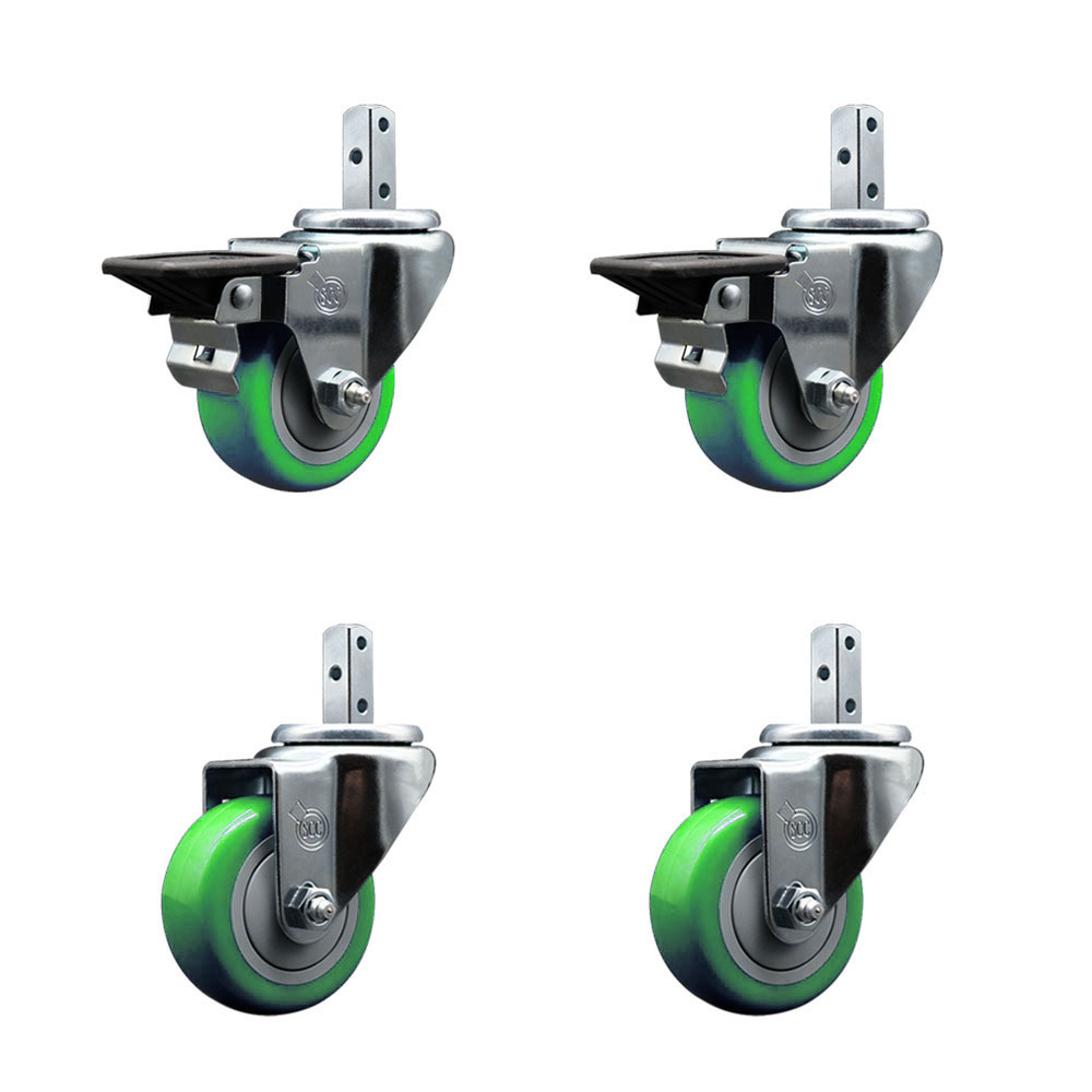 Swivel Square Stem Caster Set 4 w/3” x 1.25” Green Poly Wheel - 3/4” x 2” Square Stem with (3) 17/64” Diameter Mounting Holes - Includes 2 Posi Lock Brakes - 1200lbs. Cpty/Caster- Service Caster Brand — photo 1