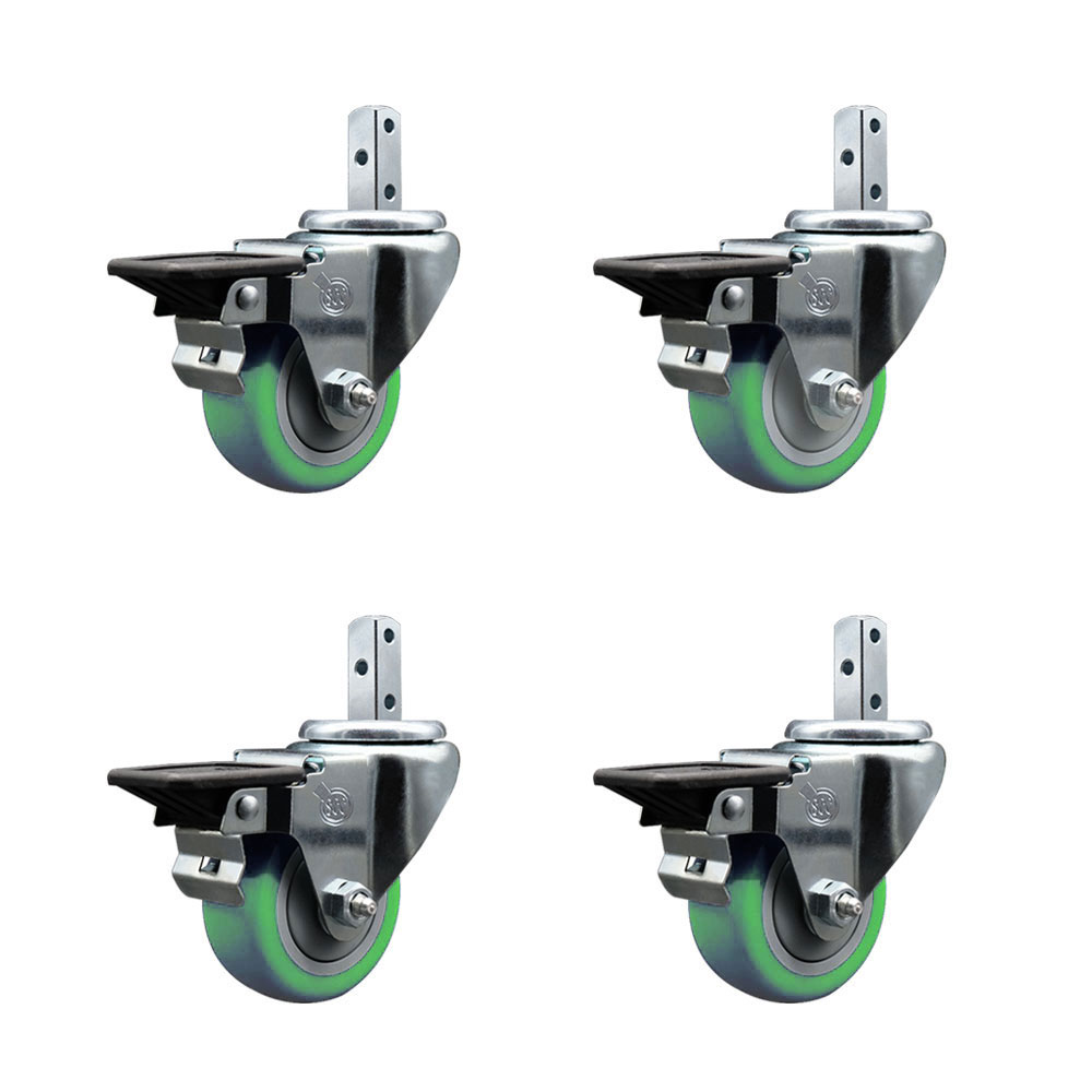 Swivel Square Stem Caster Set 4 w/3” x 1.25” Green Poly Wheel - 3/4” x 2” Square Stem with (3) 17/64” Diameter Mounting Holes - Includes 4 Posi Lock Brakes - 1200lbs. Cpty/Caster- Service Caster Brand — photo 1