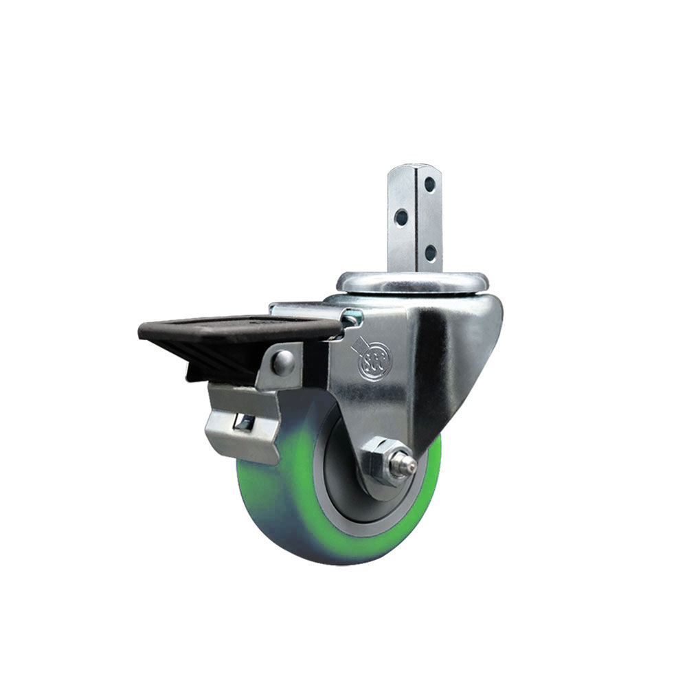 Swivel Square Stem Caster w/3” x 1.25” Green Polyurethane Wheel – 3/4” x 2” Square Stem with (3) 17/64” Diameter Mounting Holes & Posi Lock Brakes – 300 lbs. Capacity/Caster – Service Caster Brand — photo 1