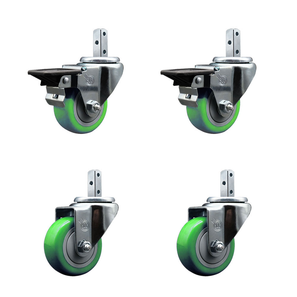 Swivel Square Stem Caster Set 4 w/3” x 1.25” Green Poly Wheel - 7/8” x 2” Square Stem with (3) 17/64” Diameter Mounting Holes - Includes 2 Posi Lock Brakes - 1200lbs. Cpty/Caster- Service Caster Brand — photo 1