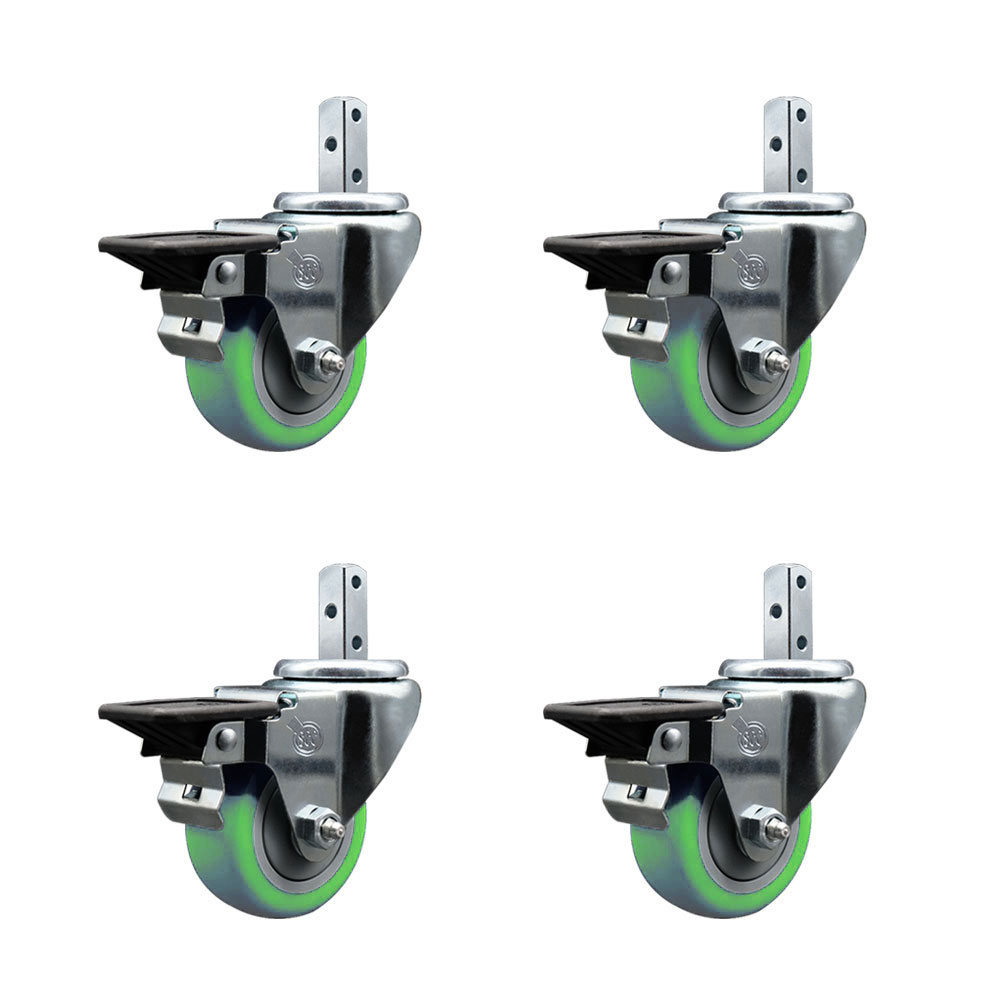 Swivel Square Stem Caster Set 4 w/3” x 1.25” Green Poly Wheel - 7/8” x 2” Square Stem with (3) 17/64” Diameter Mounting Holes - Includes 4 Posi Lock Brakes - 1200lbs. Cpty/Caster- Service Caster Brand — photo 1
