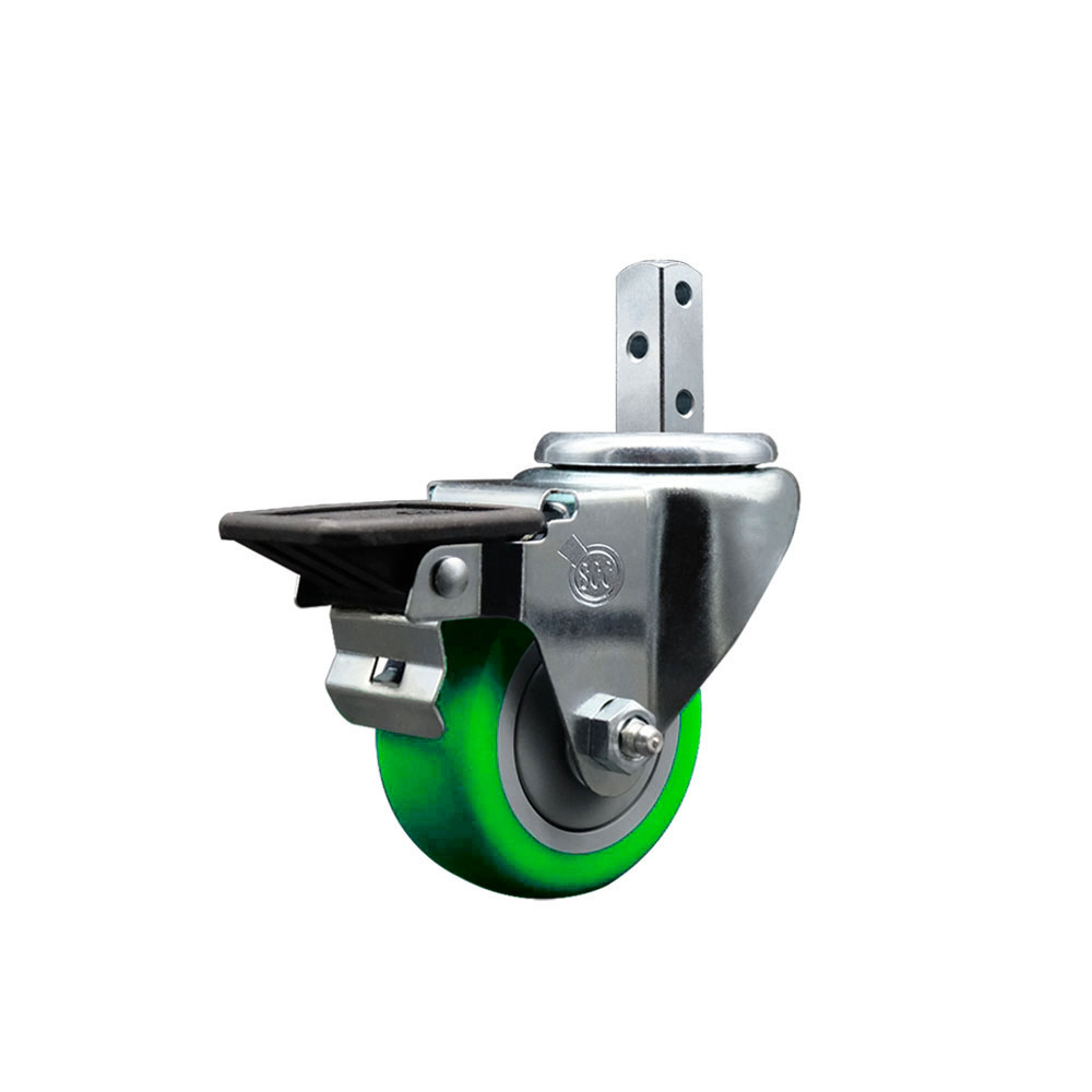 Swivel Square Stem Caster w/3” x 1.25” Green Polyurethane Wheel – 7/8” x 2” Square Stem with (3) 17/64” Diameter Mounting Holes & Posi Lock Brakes – 300 lbs. Capacity/Caster – Service Caster Brand — photo 1