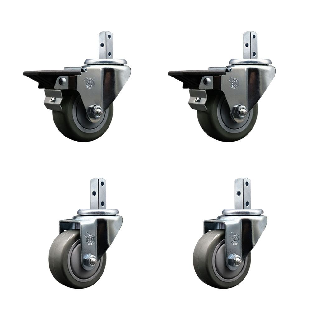 Swivel Square Stem Caster Set 4 w/3” x 1.25” Gray Poly Wheel - 3/4” x 2” Square Stem with (3) 17/64” Diameter Mounting Holes - Includes 2 Posi Lock Brakes - 1200lbs. Cpty/Caster - Service Caster Brand — photo 1