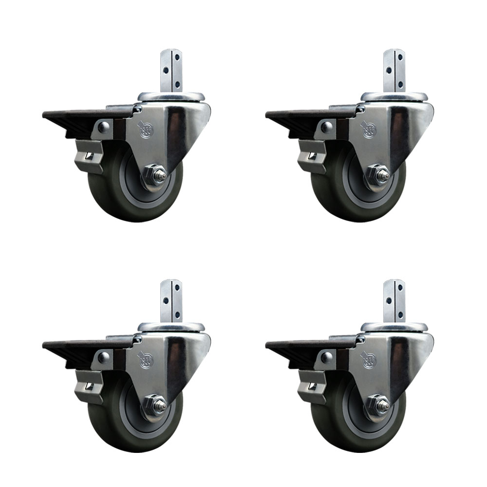 Swivel Square Stem Caster Set 4 w/3” x 1.25” Gray Poly Wheel - 7/8” x 2” Square Stem with (3) 17/64” Diameter Mounting Holes - Includes 4 Posi Lock Brakes - 1200lbs. Cpty/Caster - Service Caster Brand — photo 1