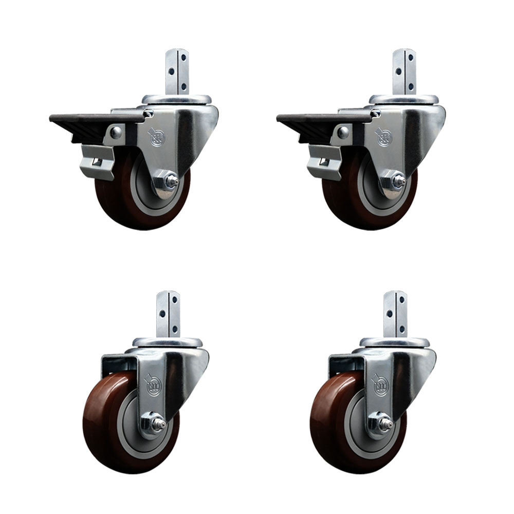 Swivel Square Stem Caster Set 4 w/3” x 1.25” Maroon Poly Wheel - 3/4” x 2” Square Stem with (3) 17/64” Diameter Mounting Holes -Includes 2 Posi Lock Brakes- 1200lbs. Cpty/Caster - Service Caster Brand — photo 1