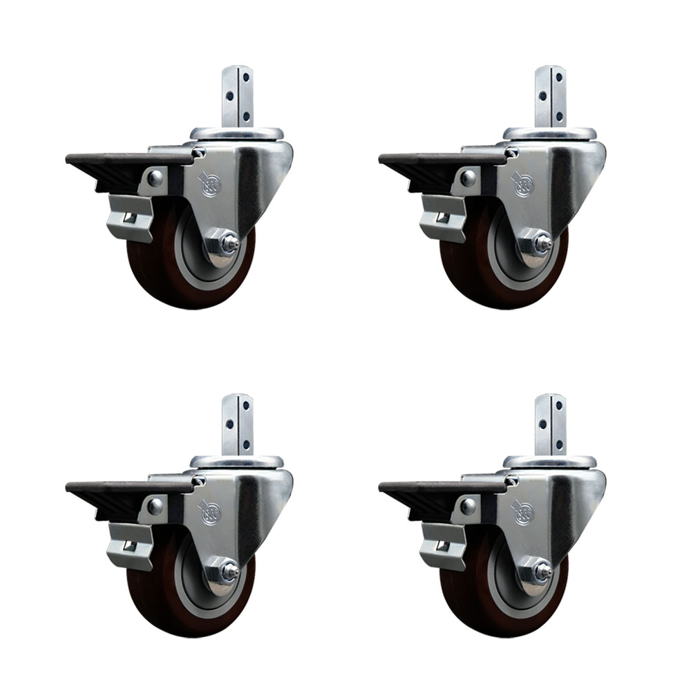 Swivel Square Stem Caster Set 4 w/3” x 1.25” Maroon Poly Wheel - 7/8” x 2” Square Stem with (3) 17/64” Diameter Mounting Holes -Includes 4 Posi Lock Brakes- 1200lbs. Cpty/Caster - Service Caster Brand — photo 1