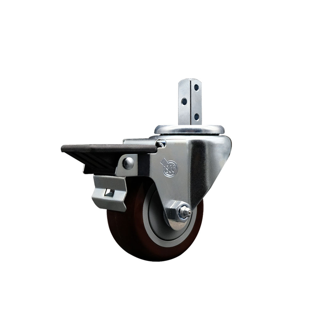 Swivel Square Stem Caster w/3” x 1.25” Maroon Polyurethane Wheel – 7/8” x 2” Square Stem with (3) 17/64” Diameter Mounting Holes & Posi Lock Brakes – 300 lbs. Capacity/Caster – Service Caster Brand — photo 1