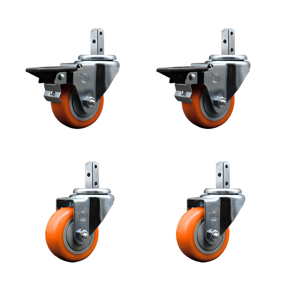 Swivel Square Stem Caster Set 4 w/3” x 1.25” Orange Poly Wheel - 3/4” x 2” Square Stem with (3) 17/64” Diameter Mounting Holes - Includes 2 Posi Lock Brakes -1200lbs. Cpty/Caster- Service Caster Brand — photo 1