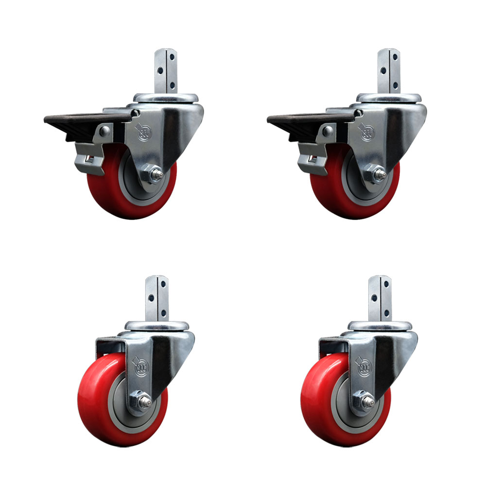 Swivel Square Stem Caster Set 4 w/3” x 1.25” Red Poly Wheel - 3/4” x 2” Square Stem with (3) 17/64” Diameter Mounting Holes - Includes 2 Posi Lock Brakes - 1200lbs. Cpty/Caster - Service Caster Brand — photo 1