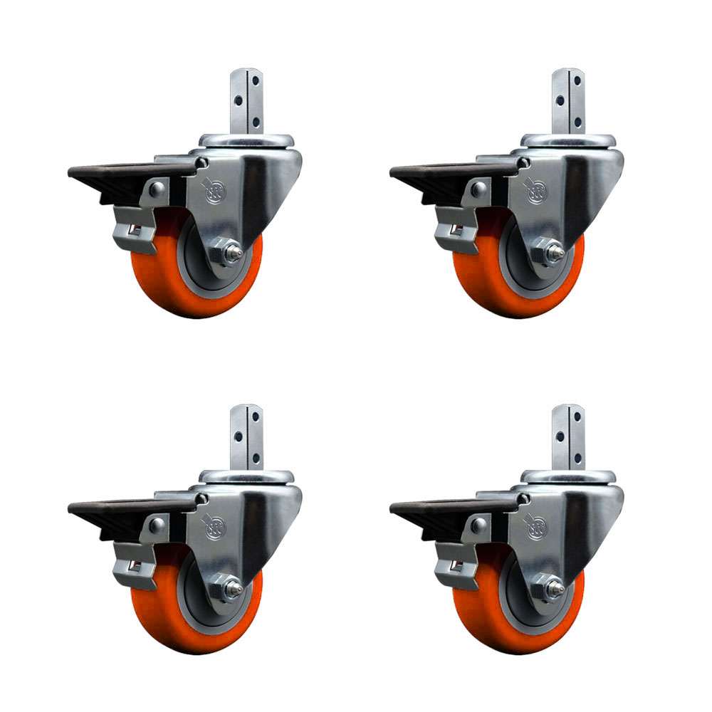 Swivel Square Stem Caster Set 4 w/3” x 1.25” Orange Poly Wheel - 3/4” x 2” Square Stem with (3) 17/64” Diameter Mounting Holes - Includes 4 Posi Lock Brakes-1200lbs. Cpty/Caster - Service Caster Brand — photo 1