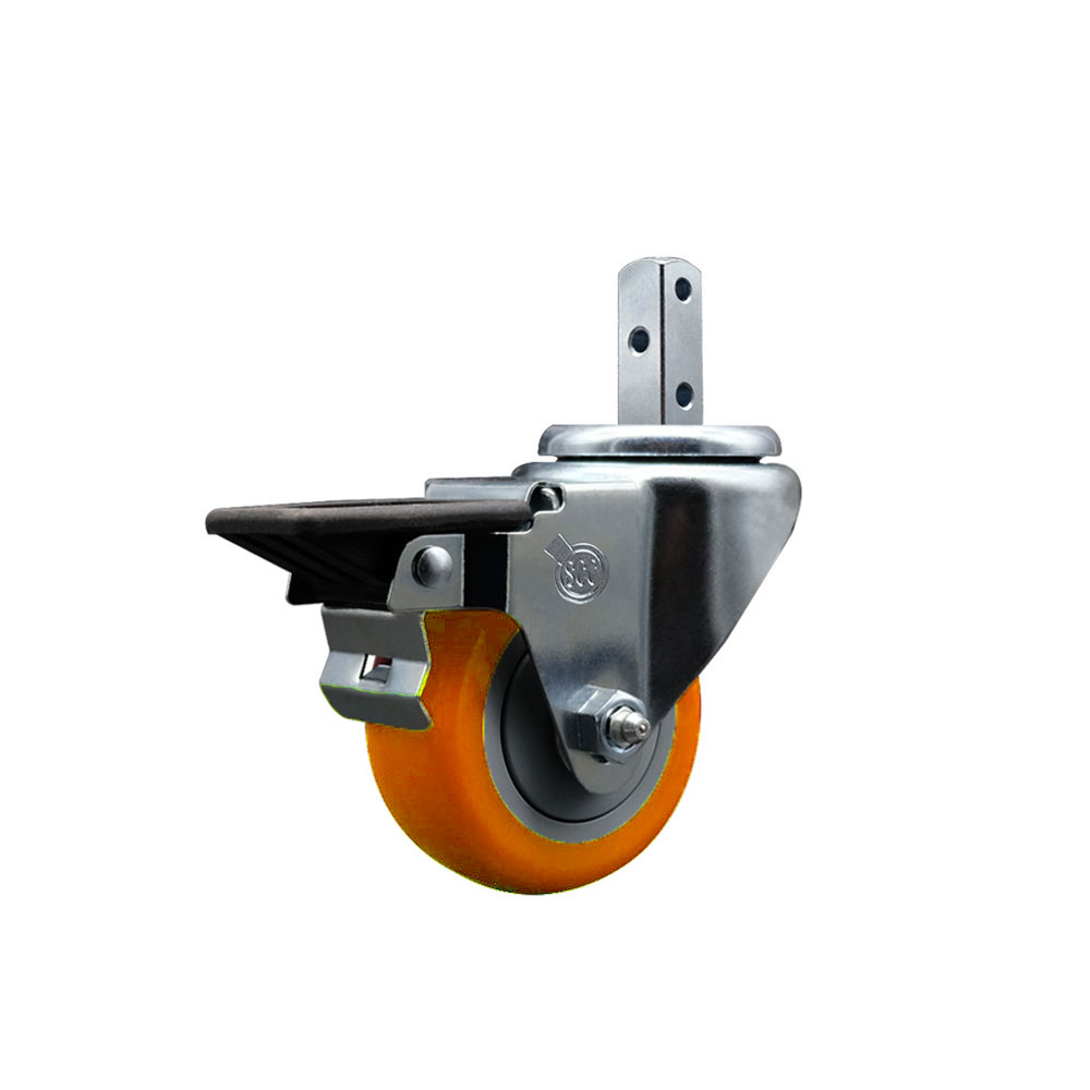 Swivel Square Stem Caster w/3” x 1.25” Orange Polyurethane Wheel – 3/4” x 2” Square Stem with (3) 17/64” Diameter Mounting Holes & Posi Lock Brakes – 300 lbs. Capacity/Caster – Service Caster Brand — photo 1