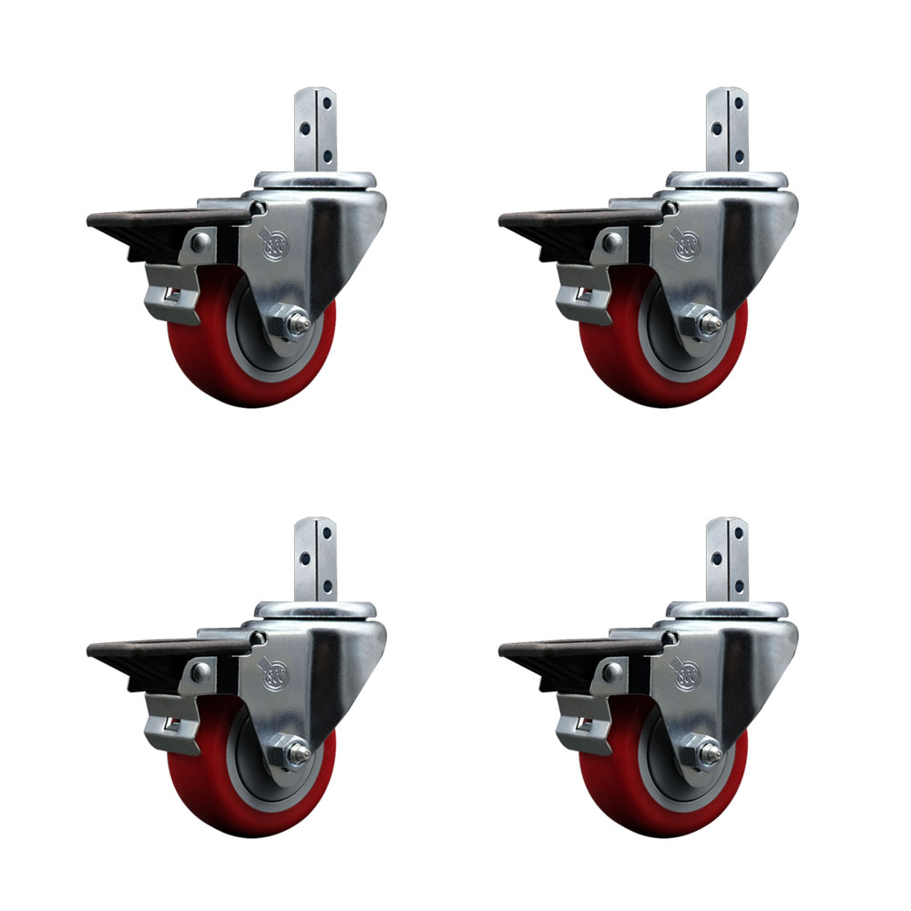 Swivel Square Stem Caster Set 4 w/3” x 1.25” Red Poly Wheel - 7/8” x 2” Square Stem with (3) 17/64” Diameter Mounting Holes - Includes 4 Posi Lock Brakes - 1200lbs. Cpty/Caster - Service Caster Brand — photo 1