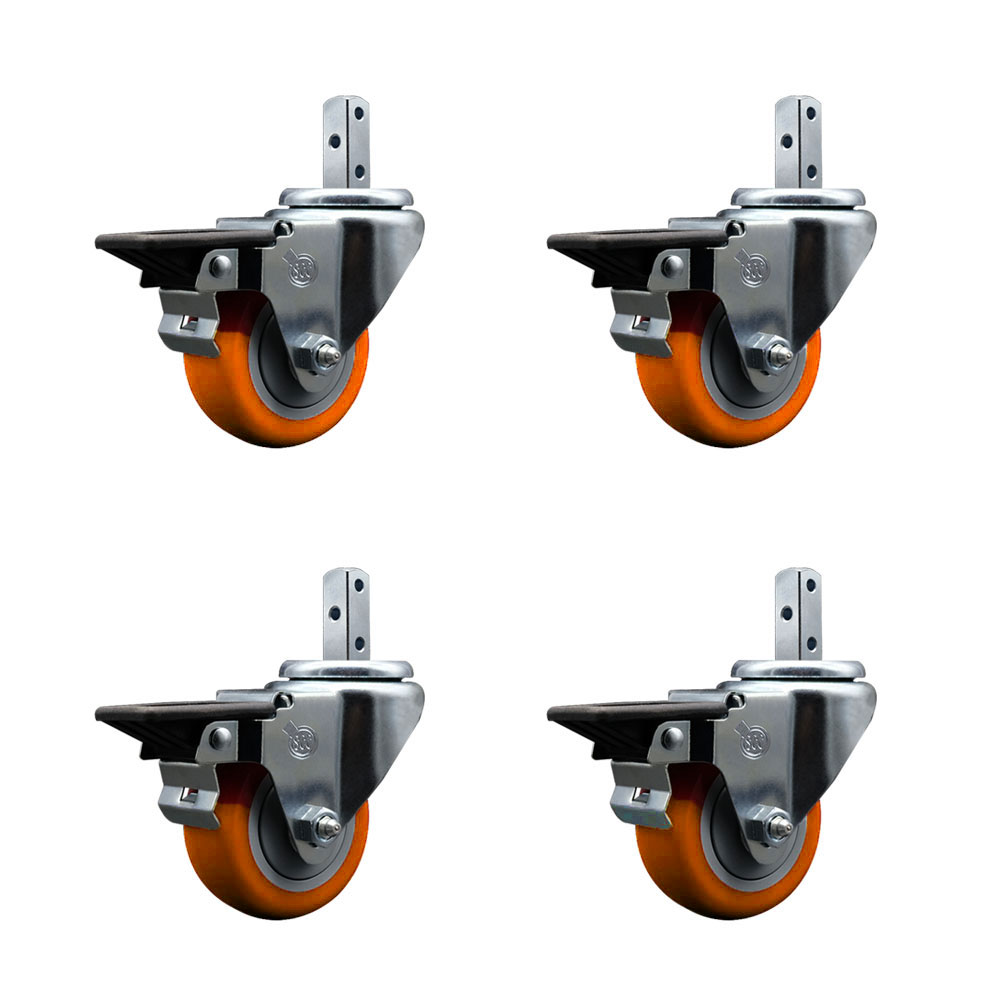 Swivel Square Stem Caster Set 4 w/3” x 1.25” Orange Poly Wheel - 7/8” x 2” Square Stem with (3) 17/64” Diameter Mounting Holes - Includes 4 Posi Lock Brakes-1200lbs. Cpty/Caster - Service Caster Brand — photo 1