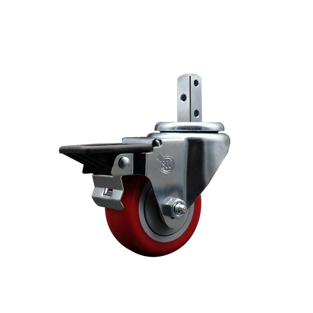 Swivel Square Stem Caster w/3” x 1.25” Red Polyurethane Wheel – 7/8” x 2” Square Stem with (3) 17/64” Diameter Mounting Holes & Posi Lock Brakes – 300 lbs. Capacity/Caster – Service Caster Brand — photo 1