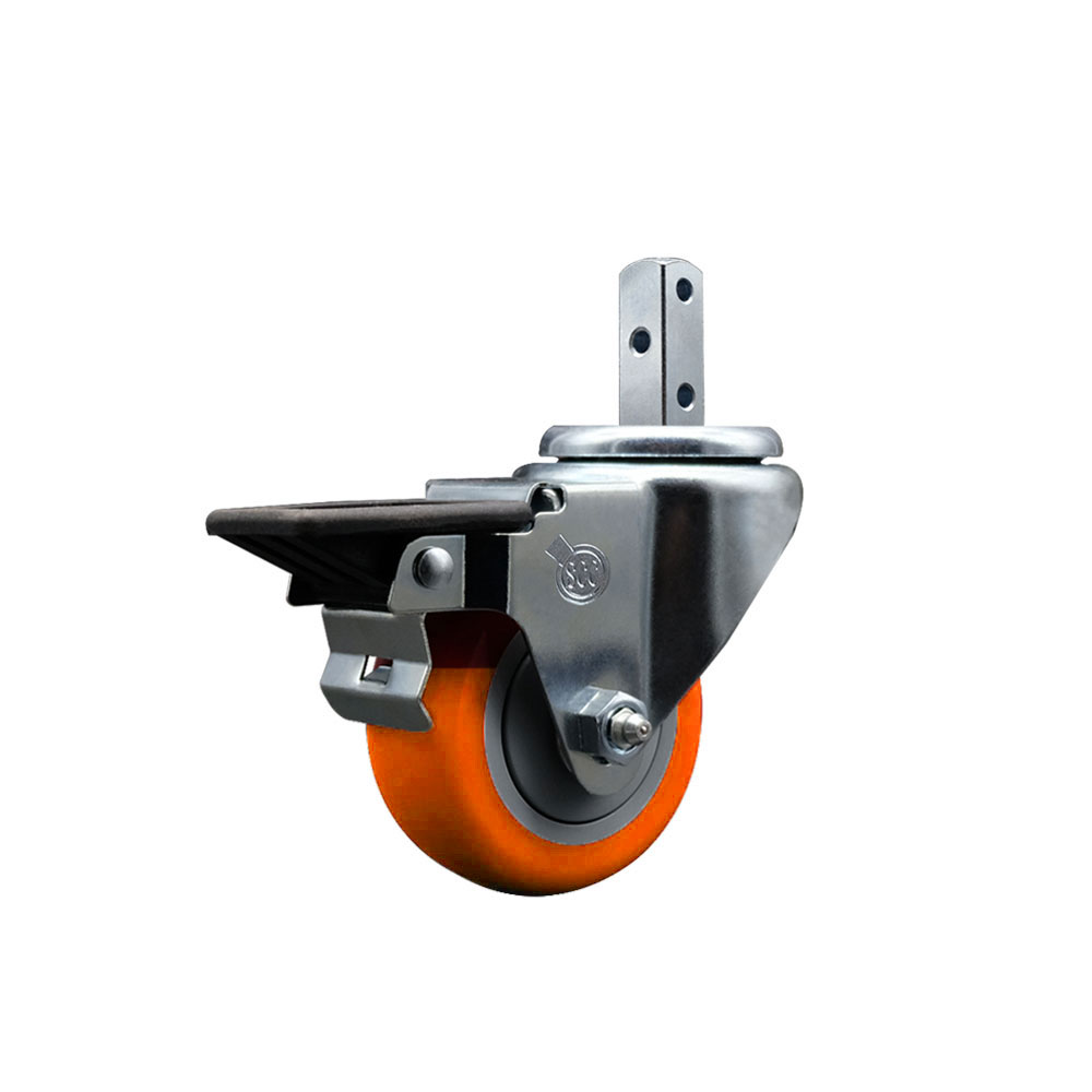 Swivel Square Stem Caster w/3” x 1.25” Orange Polyurethane Wheel – 7/8” x 2” Square Stem with (3) 17/64” Diameter Mounting Holes & Posi Lock Brakes – 300 lbs. Capacity/Caster – Service Caster Brand — photo 1