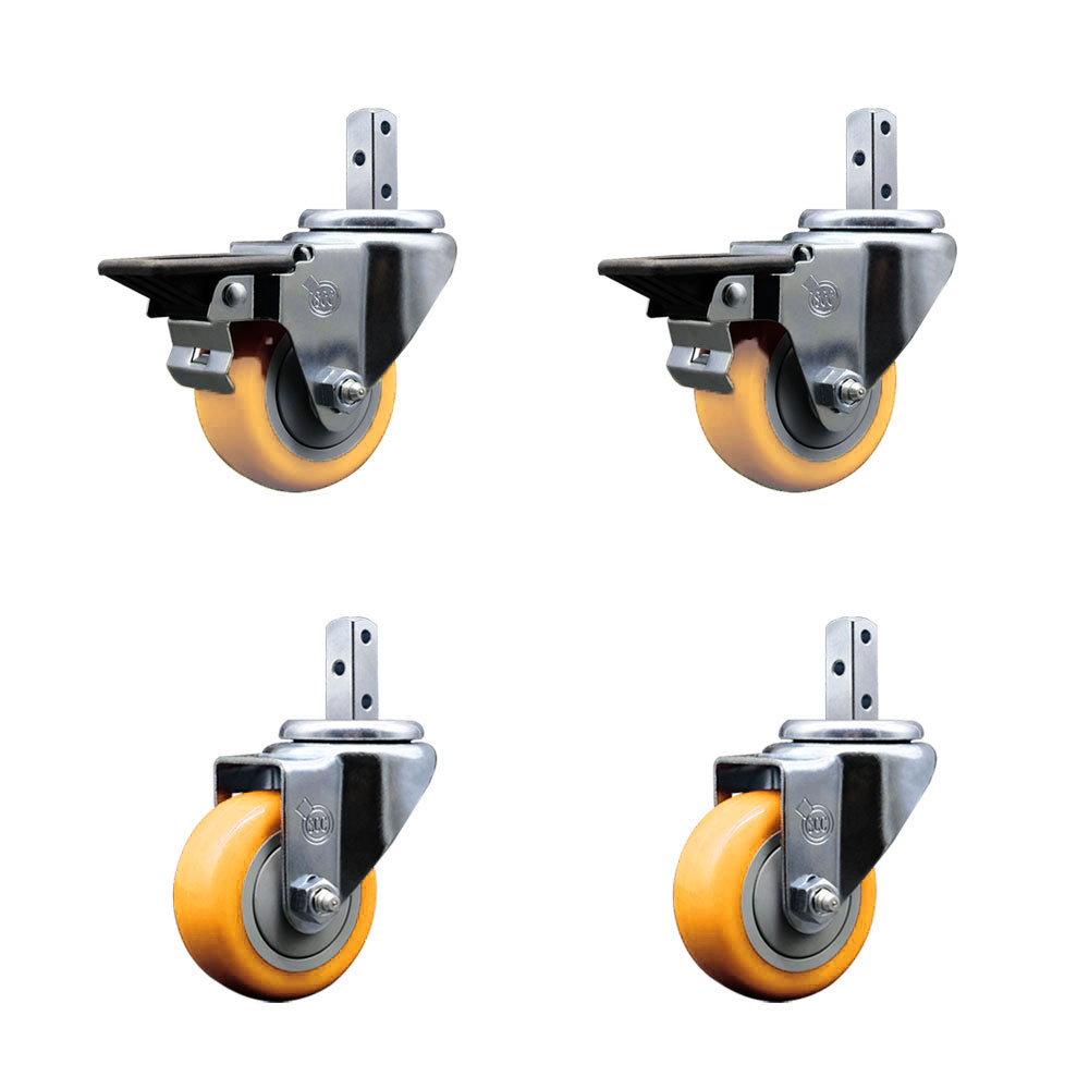 Swivel Square Stem Caster Set 4 w/3” x 1.25” Yellow Poly Wheel - 3/4” x 2” Square Stem with (3) 17/64” Diameter Mounting Holes - Includes 2 Posi Lock Brakes-1200lbs. Cpty/Caster - Service Caster Brand — photo 1