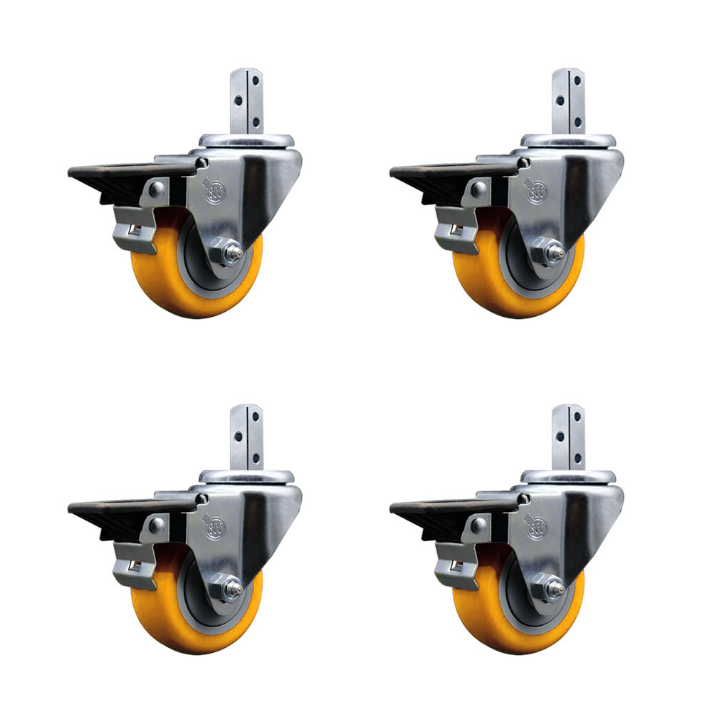 Swivel Square Stem Caster Set 4 w/3” x 1.25” Yellow Poly Wheel - 3/4” x 2” Square Stem with (3) 17/64” Diameter Mounting Holes - Includes 4 Posi Lock Brakes-1200lbs. Cpty/Caster - Service Caster Brand — photo 1