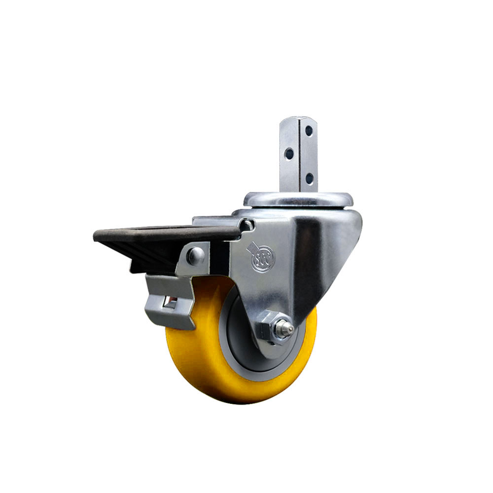Swivel Square Stem Caster w/3” x 1.25” Yellow Polyurethane Wheel – 3/4” x 2” Square Stem with (3) 17/64” Diameter Mounting Holes & Posi Lock Brakes – 300 lbs. Capacity/Caster – Service Caster Brand — photo 1