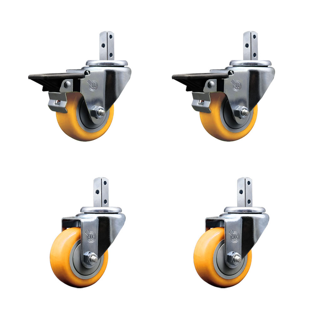 Swivel Square Stem Caster Set 4 w/3” x 1.25” Yellow Poly Wheel - 7/8” x 2” Square Stem with (3) 17/64” Diameter Mounting Holes - Includes 2 Posi Lock Brakes-1200lbs. Cpty/Caster - Service Caster Brand — photo 1