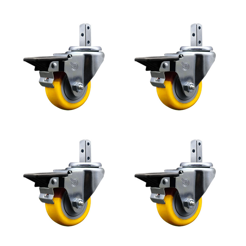 Swivel Square Stem Caster Set 4 w/3” x 1.25” Yellow Poly Wheel - 7/8” x 2” Square Stem with (3) 17/64” Diameter Mounting Holes - Includes 4 Posi Lock Brakes-1200lbs. Cpty/Caster - Service Caster Brand — photo 1