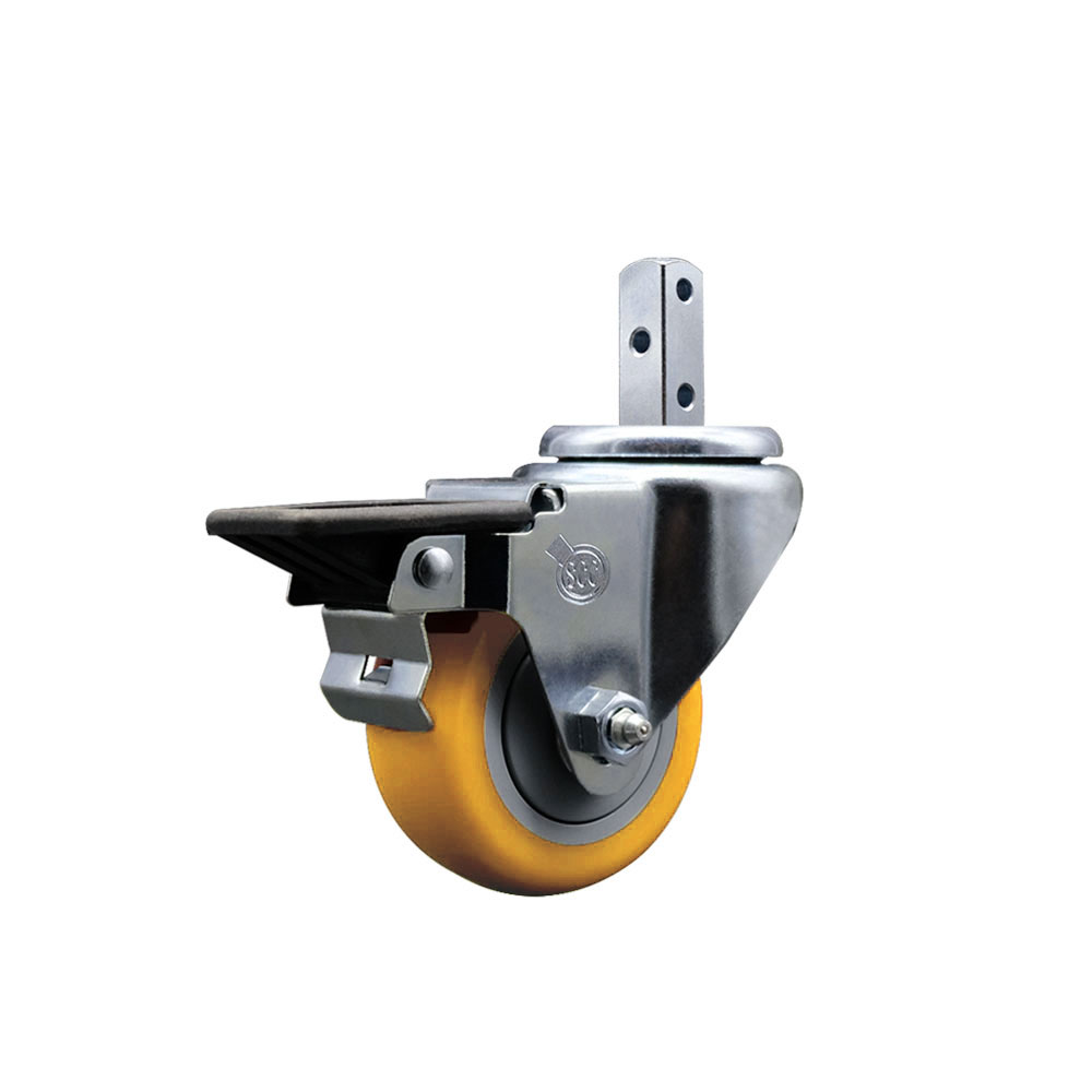 Swivel Square Stem Caster w/3” x 1.25” Yellow Polyurethane Wheel – 7/8” x 2” Square Stem with (3) 17/64” Diameter Mounting Holes & Posi Lock Brakes – 300 lbs. Capacity/Caster – Service Caster Brand — photo 1