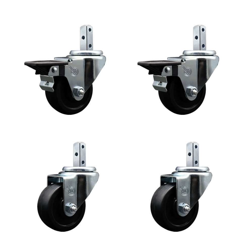 Swivel Square Stem Caster Set 4 w/3” x 1.25” Black Soft Rubber Wheel-3/4” x 2” Square Stem with (3) 17/64” Diameter Mounting Holes-Includes 2 Posi Lock Brakes-700lbs. Cpty/Caster- Service Caster Brand — photo 1