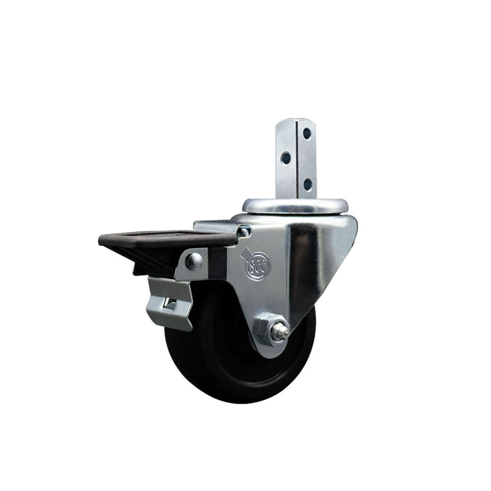 Swivel Square Stem Caster w/3” x 1.25” Black Soft Rubber Wheel – 3/4” x 2” Square Stem with (3) 17/64” Diameter Mounting Holes & Posi Lock Brakes – 175 lbs. Capacity/Caster – Service Caster Brand — photo 1