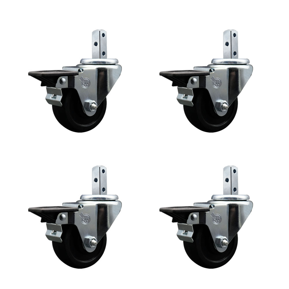 Swivel Square Stem Caster Set 4 w/3” x 1.25” Black Soft Rubber Wheel-7/8” x 2” Square Stem with (3) 17/64” Diameter Mounting Holes-Includes 4 Posi Lock Brakes-700lbs. Cpty/Caster- Service Caster Brand — photo 1