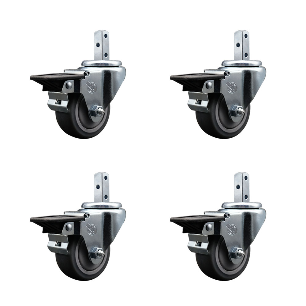Swivel Square Stem Caster Set 4 w/3” x 1.25” Gray Thermoplastic Rubber Wheel - 3/4” x 2” Square Stem with (3) 17/64” Diameter Mounting Holes - Includes 4 Posi Lock Brakes - Service Caster Brand — photo 1