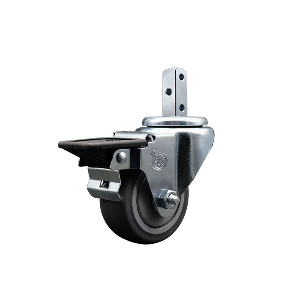 Swivel Square Stem Caster w/3” x 1.25” Gray Thermoplastic Rubber Wheel – 3/4” x 2” Square Stem with (3) 17/64” Diameter Mounting Holes & Posi Lock Brake– 210lbs. Capacity/Caster – Service Caster Brand — photo 1