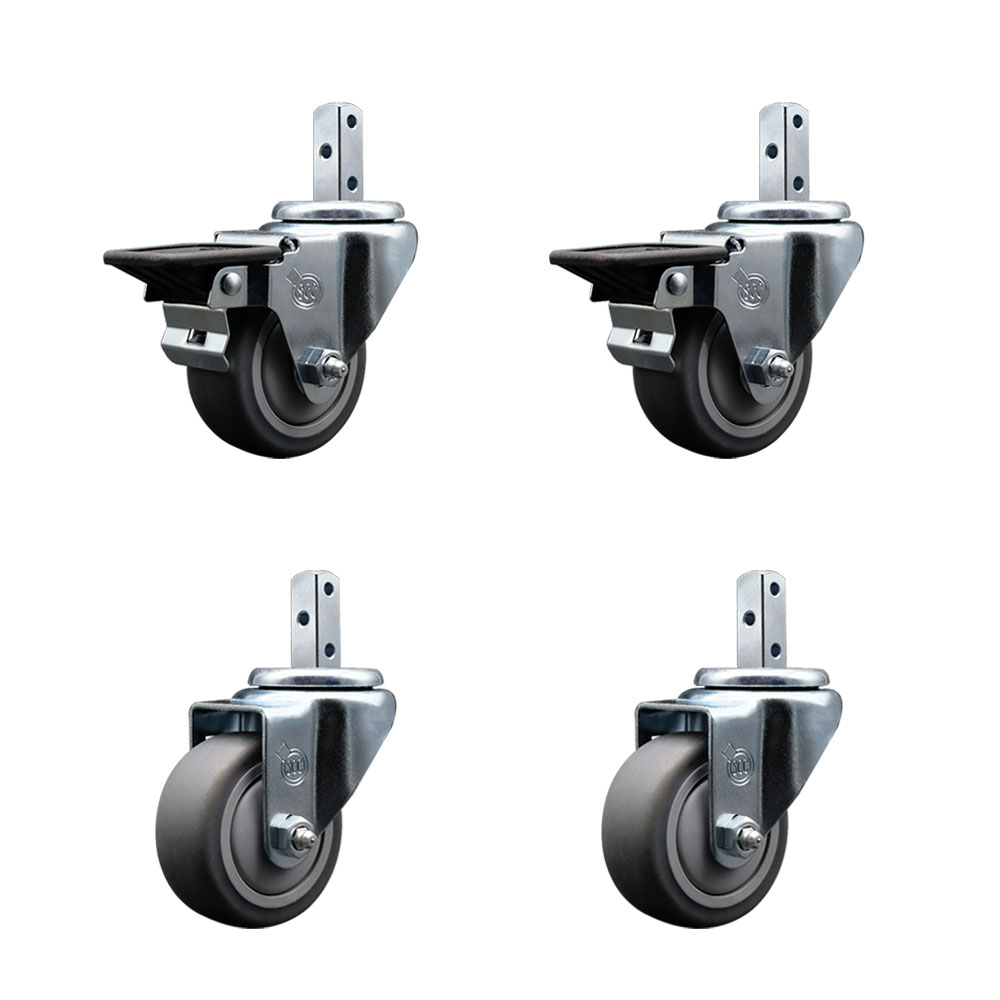 Swivel Square Stem Caster Set 4 w/3” x 1.25” Gray Thermoplastic Rubber Wheel - 7/8” x 2” Square Stem with (3) 17/64” Diameter Mounting Holes - Includes 2 Posi Lock Brakes - Service Caster Brand — photo 1