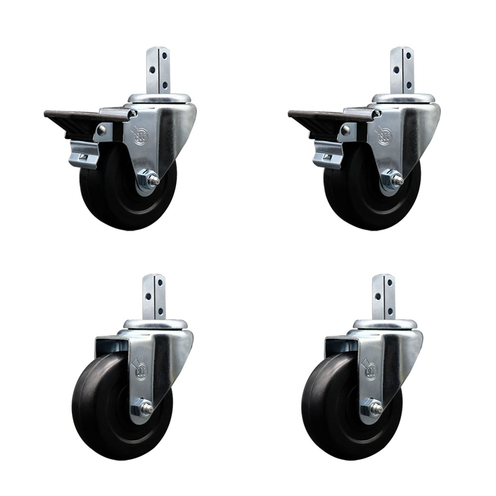 Swivel Square Stem Caster Set 4 w/3.5” x 1.25” Black Hard Rubber Wheel-3/4” x 2” Square Stem with (3) 17/64” Diameter Mounting Holes-Include 2 Posi Lck Brakes-1140lbs. Cpty/Caster-Service Caster Brand — photo 1