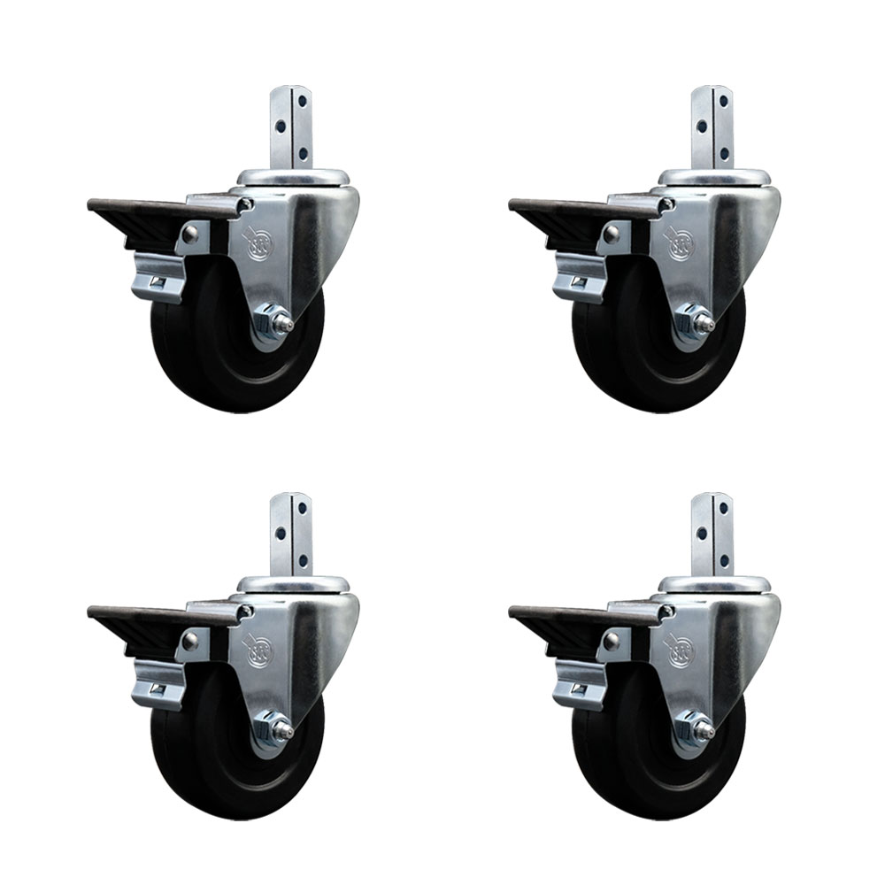 Swivel Square Stem Caster Set 4 w/3.5” x 1.25” Black Hard Rubber Wheel-7/8” x 2” Square Stem with (3) 17/64” Diameter Mounting Holes-Include 4 Posi Lck Brakes-1140lbs. Cpty/Caster-Service Caster Brand — photo 1