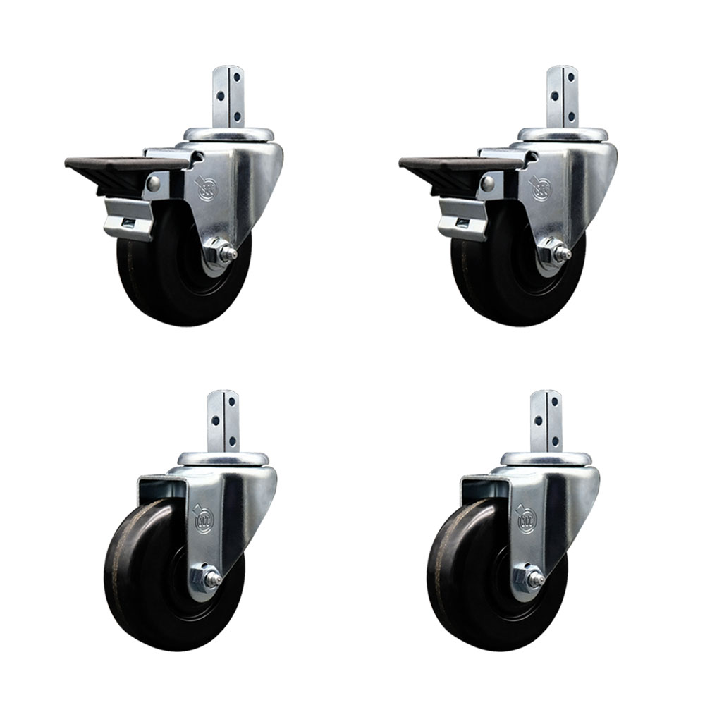 Swivel Square Stem Caster Set 4 w/3.5” x 1.25” Black Phenolic Wheel-7/8” x 2” Square Stem with (3) 17/64” Diameter Mounting Holes-Includes 2 Posi Lock Brakes-1200lbs. Cpty/Caster- Service Caster Brand — photo 1